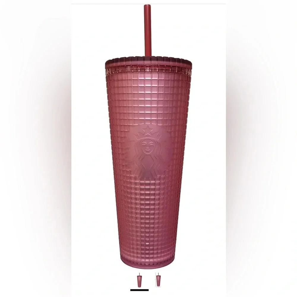 New Starbucks Dusty Rose Pink Berry Shimmer Grid Cold Cup Tumbler 24 oz Venti